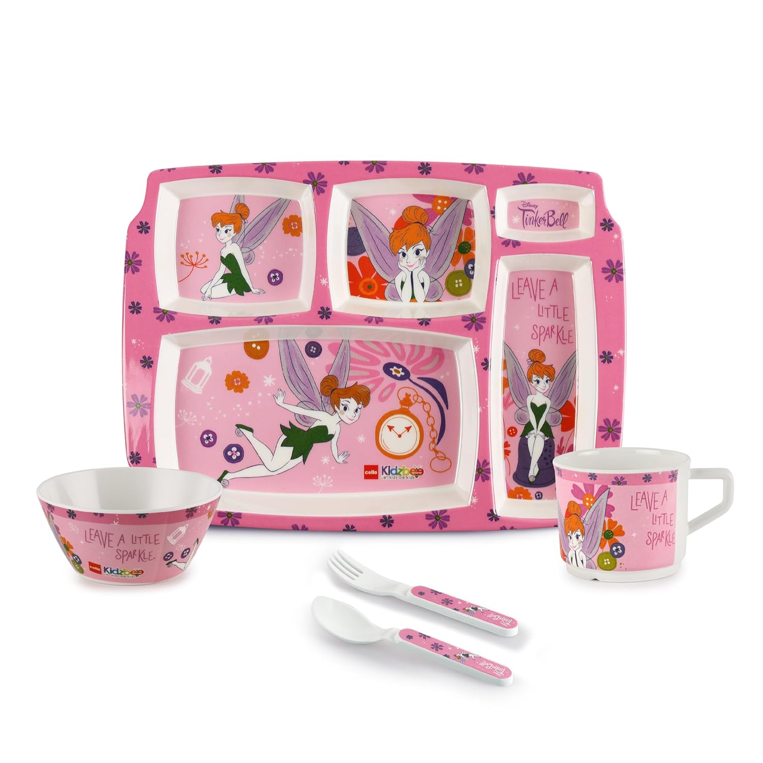 Cello Kidzbee Pentameal Tinker Bell Melamine Meal Set for Kids, Set of 5, Light Pink | BPA Free and Food-Grade Material | Attractive and Kidfriendly Designs | Break Resistant & Durable Set