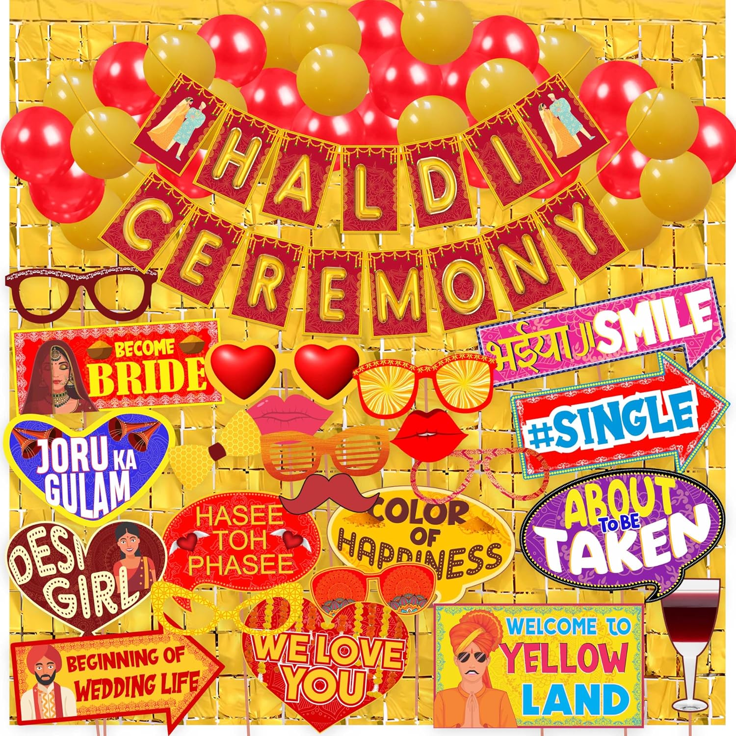 Wobbox Haldi Decoration Items for Marriage, Haldi Decoration Items, Haldi Decoration Items for Marriage Bride, Wedding Props for Bride and Family (46 Pcs Combo T)