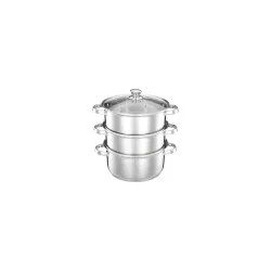 Amazon Brand – Solimo Stainless Steel 3-Tier Steamer with Glass Lid | 18 cm | Induction Bottom | For Modak, Momos & More | Compact & Durable | Rust-Resistant