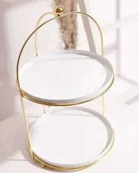 Ebullient Enterprises Metal 2-Tier Cake Stand Snack Platter for Home Decor 12.5 Inch height Iron Cake Server (Gold, White, Pack of 1)