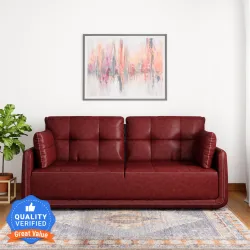 MUEBLES CASA Mind Cedar Leatherette 3 Seater Sofa (Finish Color - Cherry Colour, Knock Down)