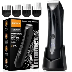 PRITECH Body Hair Trimmer for Men Pubic Hair Trimmer - Wet/Dry Ball Trimmer with Ceramic Blade, Rechargeable Body Shaver for Men with Refill Base