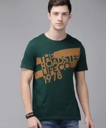 Roadster Men Printed Round Neck Pure Cotton Dark Green T-Shirt