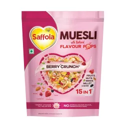 Saffola Muesli Berry Crunch with Flavour Pops, 450 gm | 15 in 1 Fruit and Nuts, Seeds, Millet & more | Cereals for breakfast rich with wholegrain, protein, fibre