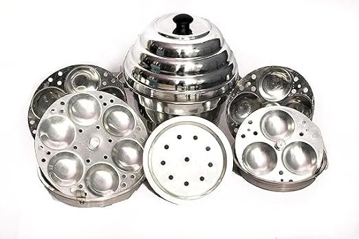 Malti Aluminium Multi-Purpose Steamer Set, 18 Pieces, 4 Idli Plates, 2 Dhokla Plates, Silver