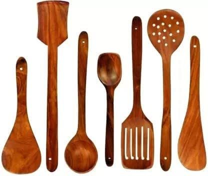 Green Wood Stylish Wooden 7 Pcs Cooking Spoon, Kitchen Tool Set - Serving Spoon, Table Spoon, Salad Spoon, Measuring Spoon | Medium, Non-Chemical, Eco-Friendly (Brown1)