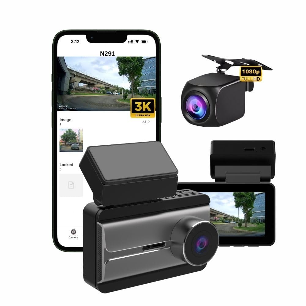 PAPAGO N291 3K Dual Channel Dashcam with Sony CMOS Sensor | F1.5 Ultra-Wide Lens | 3” Display | Mobile Wi-Fi & Voice Control | 256GB Support | High Temp Safe Design