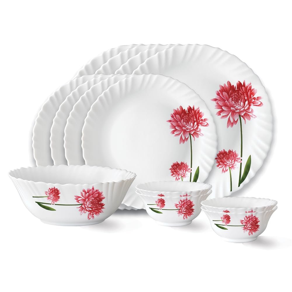 Larah by Borosil Belle Fluted Series Opalware Dinner Set | 13 Pieces for Family of 4 | Microwave & Dishwasher Safe | Bone-Ash Free | Crockery Set for Dining & Gifting | Plates & Bowls | White