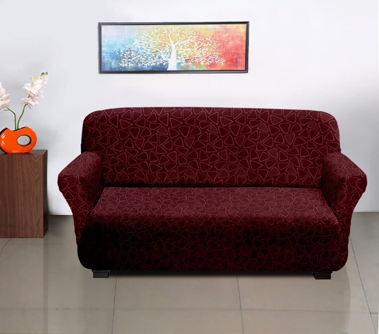 Amazon Brand - Solimo Polyester Streachable Sofa Cover - (3 Seater, Triangle Print, Maroon)