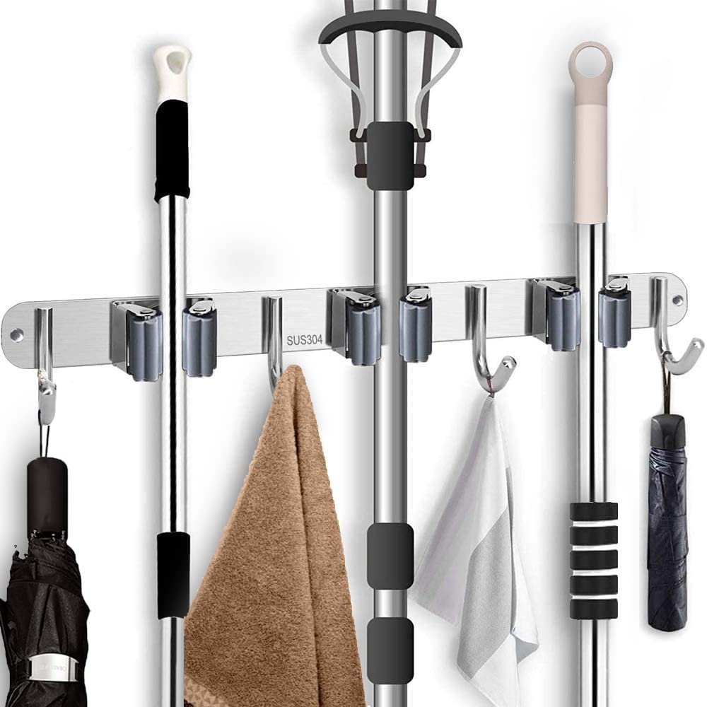 MingSH Broom Mop Holder, Wall Mounted Heavy Duty Stainless Steel Storage Rack Organization Tools, Kitchen Garden Garage Or Bathroom And (3 Clip 4 Hook)
