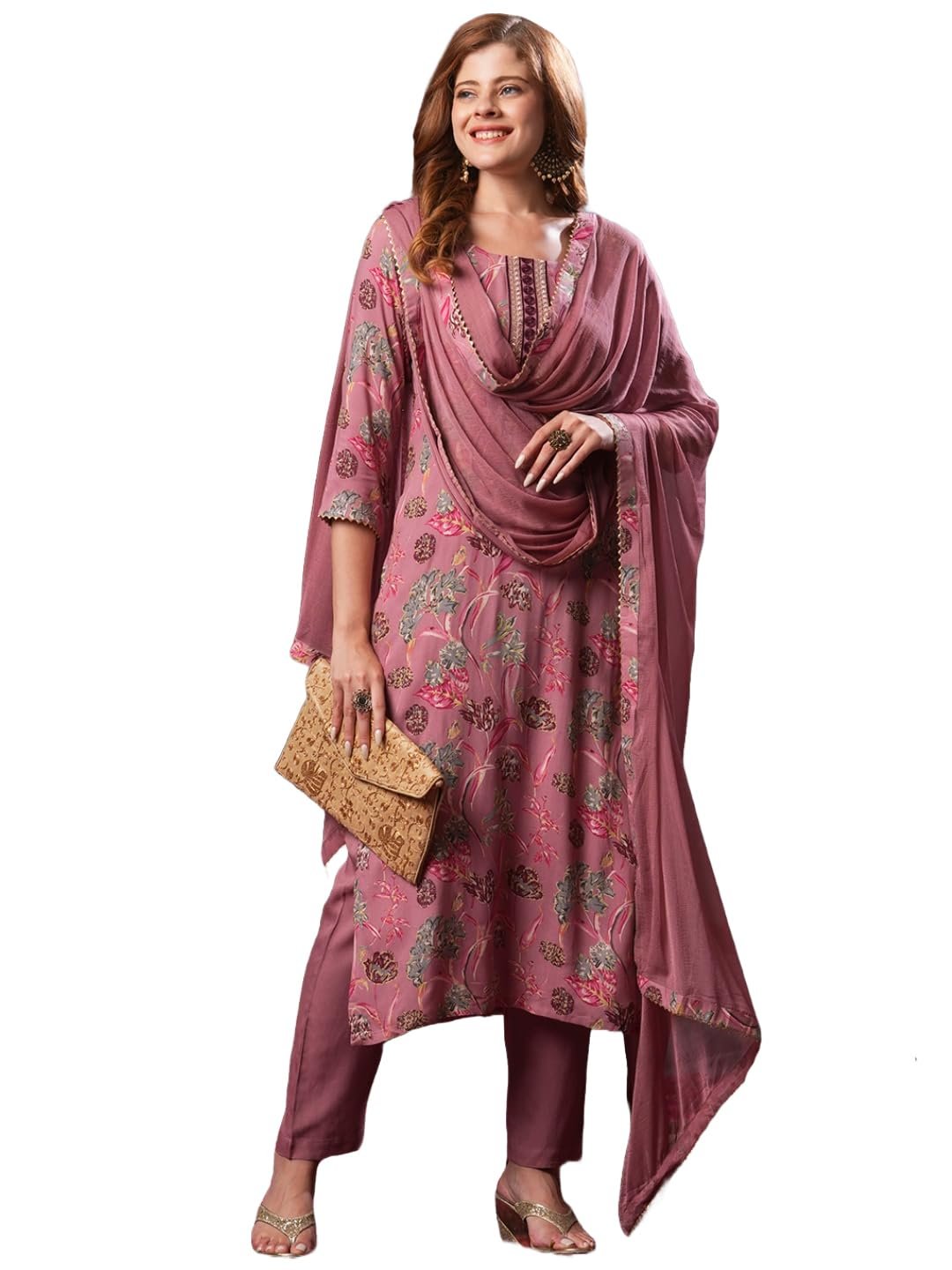 GoSriKi Women's Rayon Blend Printed Straight Kurta with Pant & Dupatta