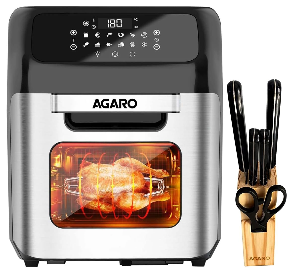 Agaro Regency Air Fryer, 12L, Silver & AGARO Galaxy 6 Pcs Kitchen Knife Set with Wooden Case, Silver