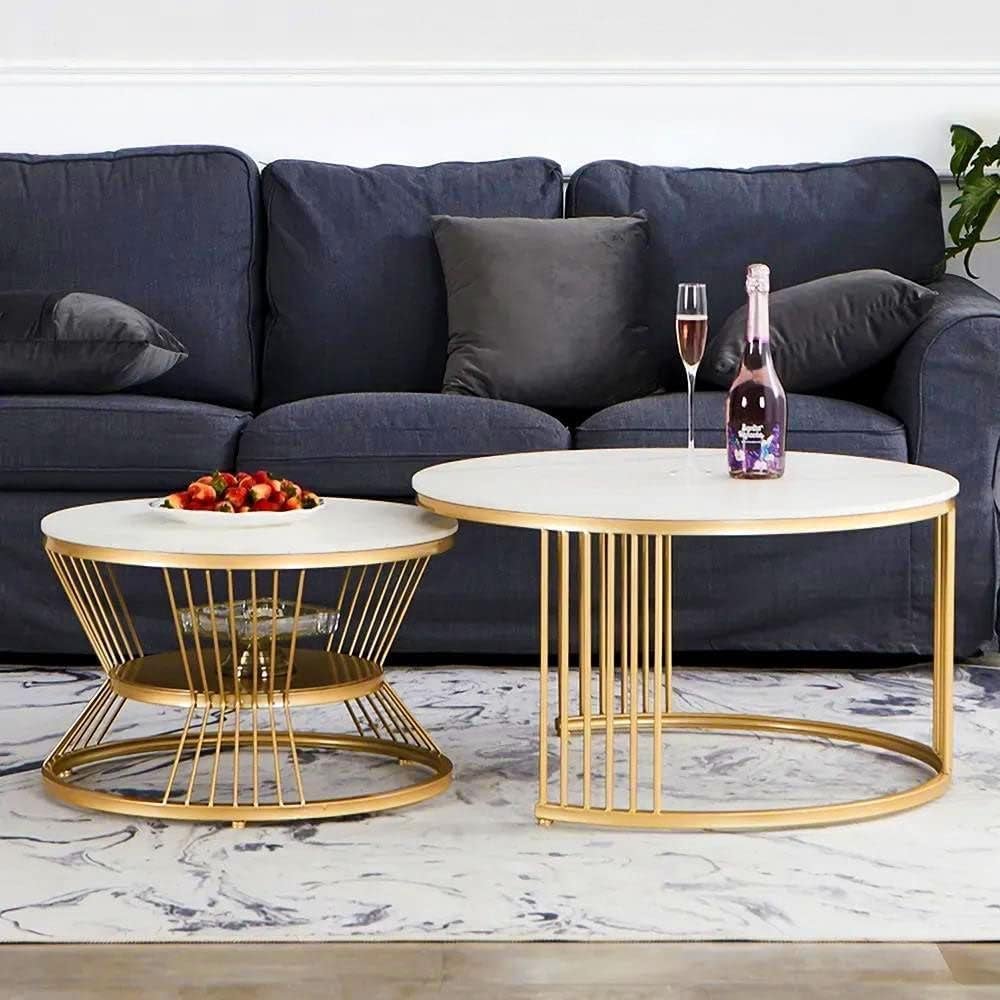 Furniture Café Luxury Nesting Coffee Table Set of 2 – Modern Round Marble Top Accent Tables with Golden Metal Base, Living Room Centerpiece