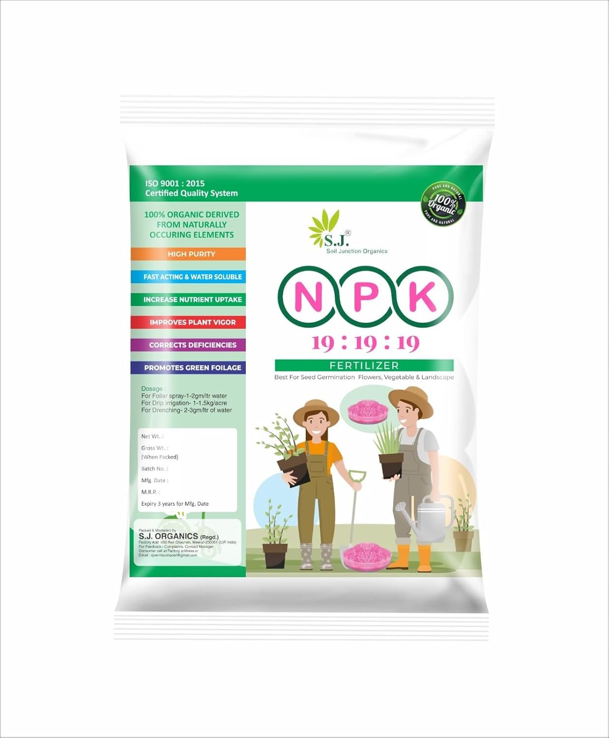 SJ Organics NPK 19-19-19 Fertilizer| 1 Kg | Balanced Water-Soluble Plant Food for Growth, Flowering & Yield Boost | For All Plants