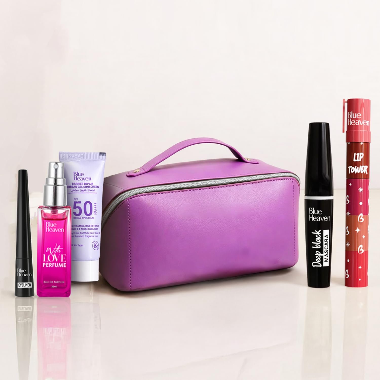 Blue Heaven Glam Ready Beauty Makeup Kit|Gift Set with Free Makeup Pouch| Includes 4in1 Stackable Lipstick, Eyeliner, Mascara, Perfume & SPF50 Mini Sunscreen| Ideal for Gifting or daily use, Pack of 5