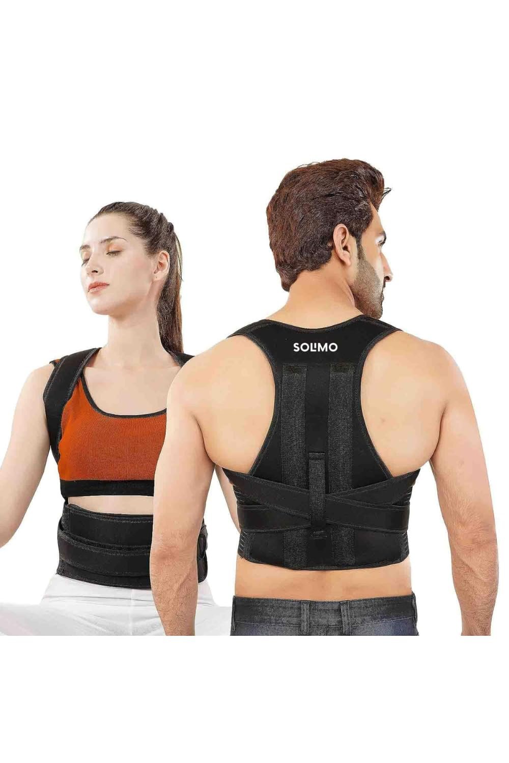 Amazon Brand - Solimo Posture Corrector for Men & Women – Adjustable Back Brace with Lumbar Support, Shoulder Support & Waist Belt for Pain Relief & Better Posture | BLACK