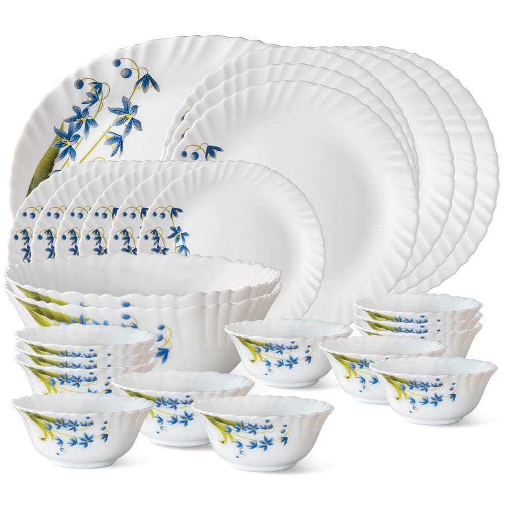 Larah by BOROSIL Fluted Series Lavender Opalware Dinner Set | 27 Piece for Family of 6 | Microwave & Dishwasher Safe | Bone-Ash Free | Crockery Set for Dining & Gifting | Plates & Bowls | White