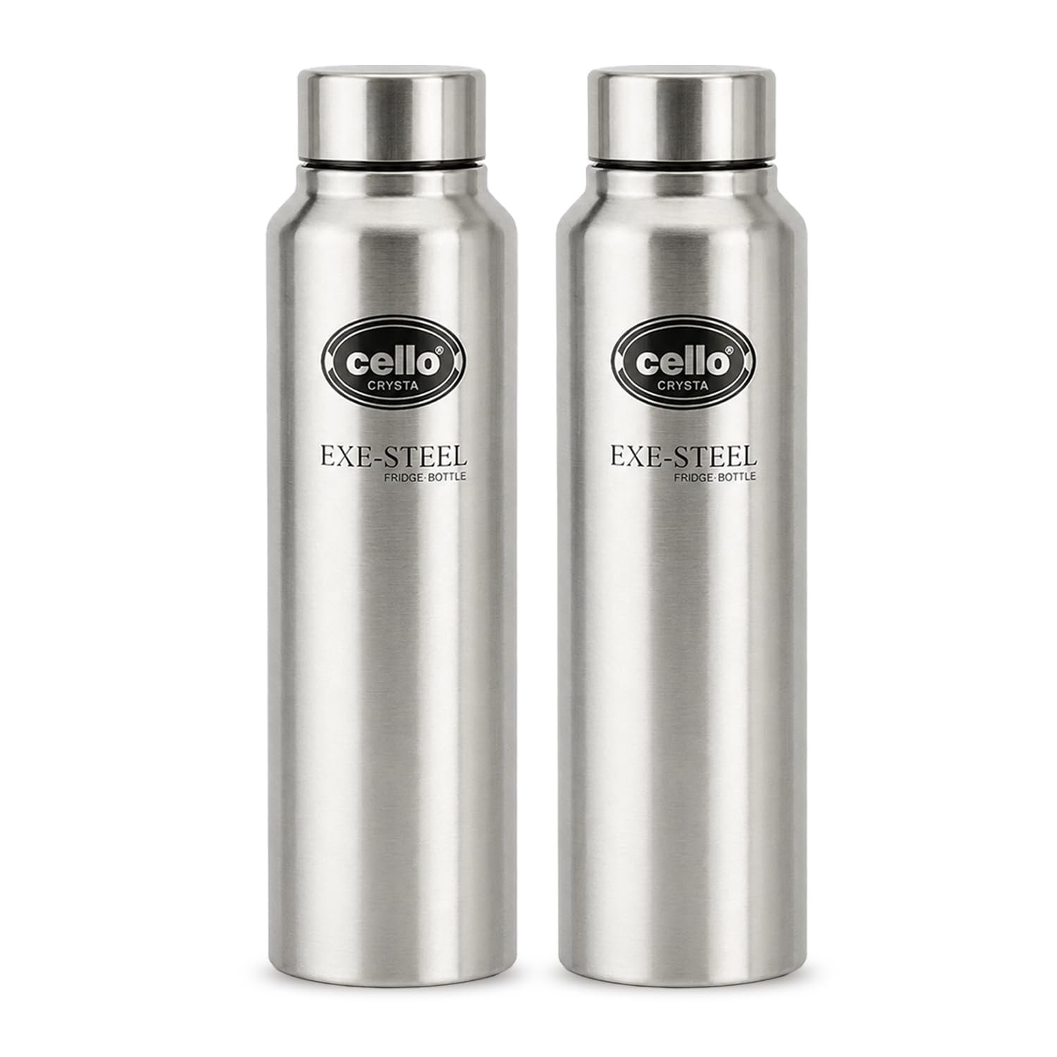 CELLO Crysta Stainless Steel Water Bottle for Daily Use Set of 2 Pcs Silver, 1000 ml | Single Wall, Rustproof & Leakproof, Fridge Safe | Stainless Steel Water Bottle for Kids, Office, Travel, Picnic