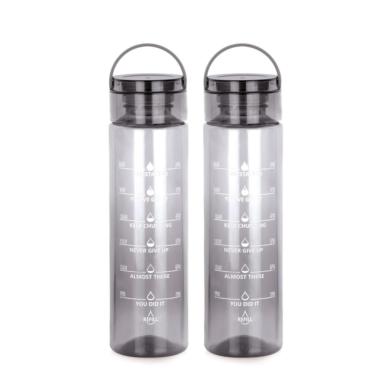 ATTRO Oxy Motivational 1000ml Water Bottle - Time Markers & Inspirational Slogans Mentioned Encourages More Water Intake, Easy-to-Carry Handle- Set of 2 Black, Plastic