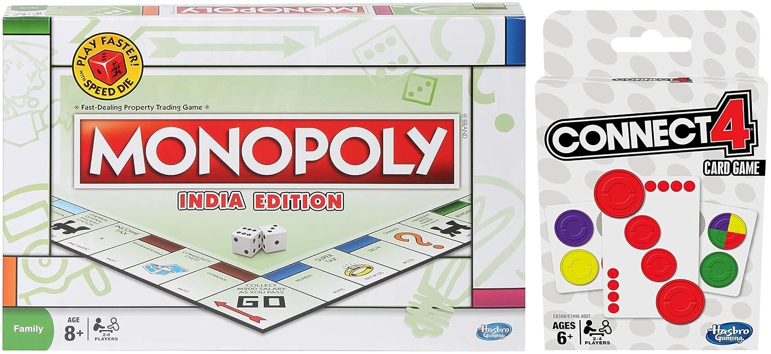 Monopoly India Edition Game, for Ages 8 and Up & Hasbro Gaming Connect 4 Card Game for Kids Ages 6 and Up, 2-4 Players 4-in-A-Row Game