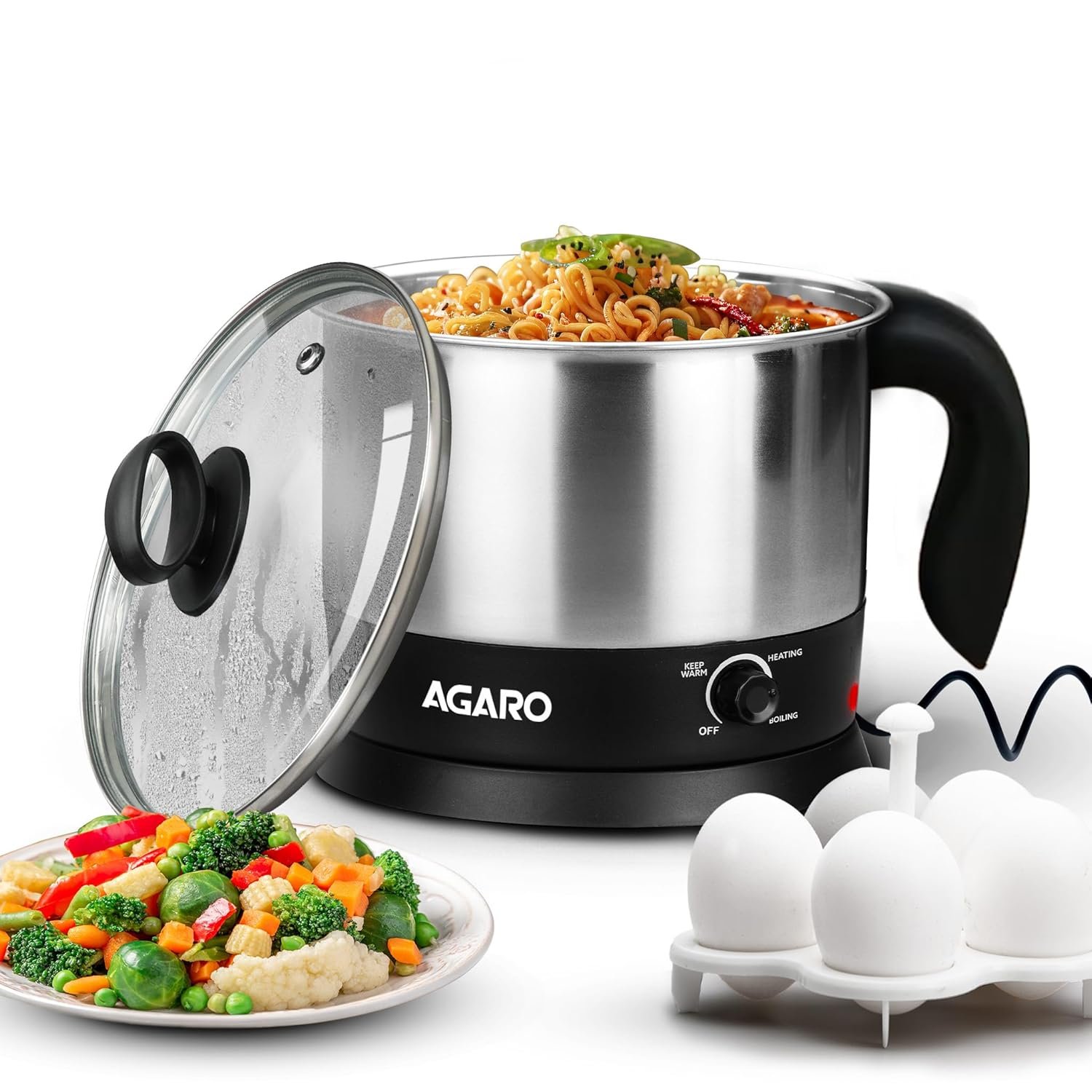 AGARO Esteem Electric Multipurpose Kettle 1.2L, 600W, with Stainless Steel Body, Egg Rack, Grill Rack, 3 Heating Modes & Rapid Boil Technology, Boiling Water, Tea, Coffee, Oats, Noodle, Soup, Black
