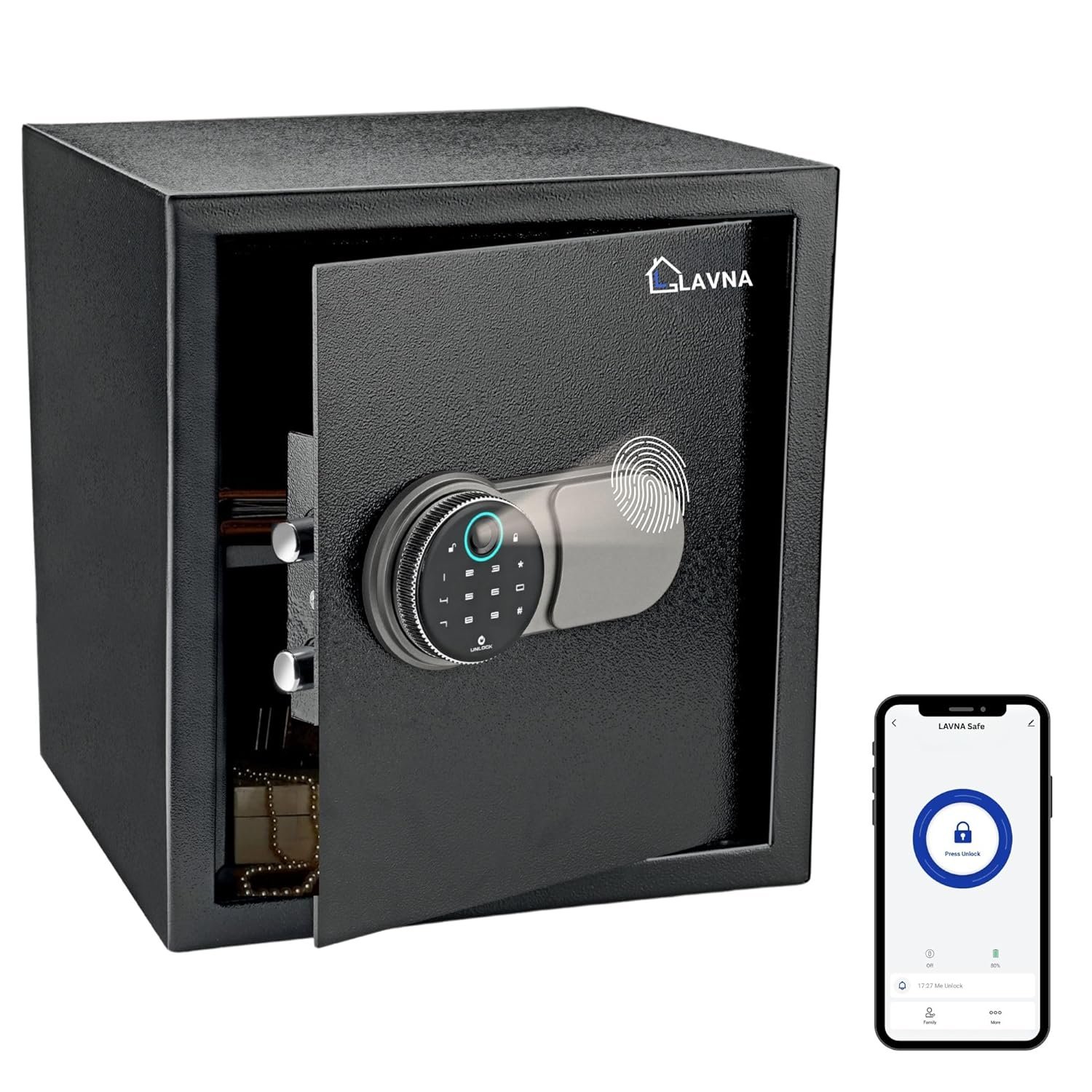 LAVNA Smart Safe Locker | 5 way access | Fingerprint, Mobile app, PIN, OTP & Key Access | 304 Grade SS bolts suitable for Jewellery, Cash, Document & other valuable of Home Office Tijori (Gross 39L)