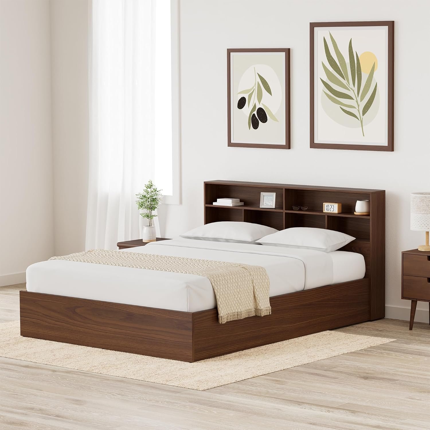 Amazon Brand - Solimo Canes Engineered Wood Queen Bed with Box Storage (Walnut finish)