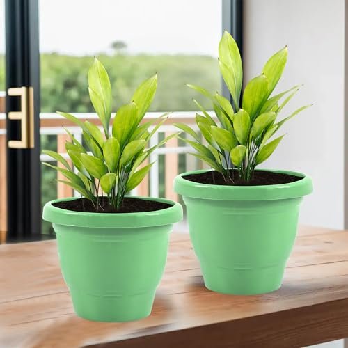 Kuber Industries 2 Pcs Flower Pots for Garden & Planters for Home Decor | 8 Inch Gamla/Gardening Pots for Balcony & Indoor with Drainage Holes| Plant Pot for Living Room | Plain Green