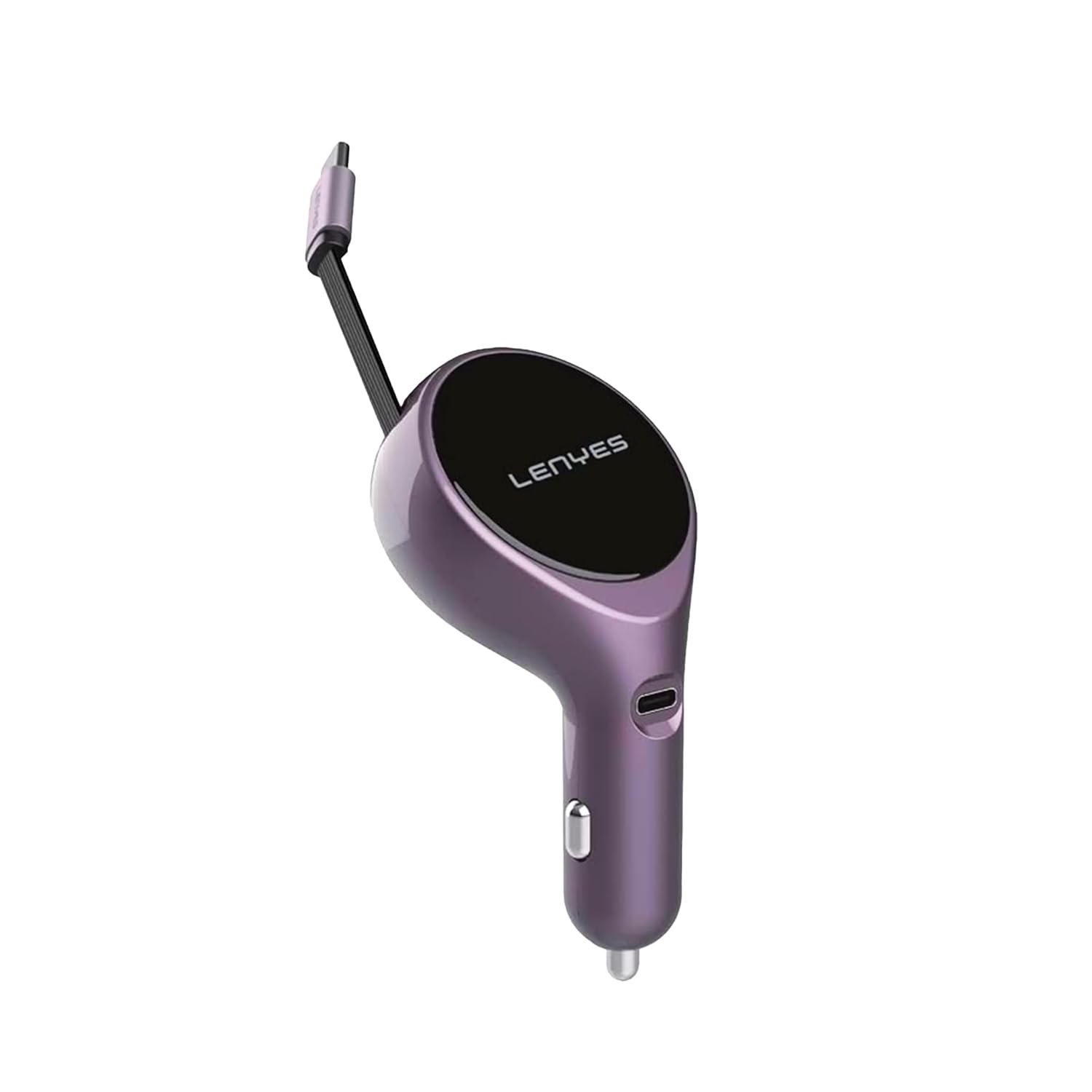 Lenyes CA820 60W Car Charger | Dual Output with 80cm Retractable Type-C Cable | 30W PD Fast Charging | 2-in-1 Adapter for Type-C Devices | Compact Car Accessory (Purple)