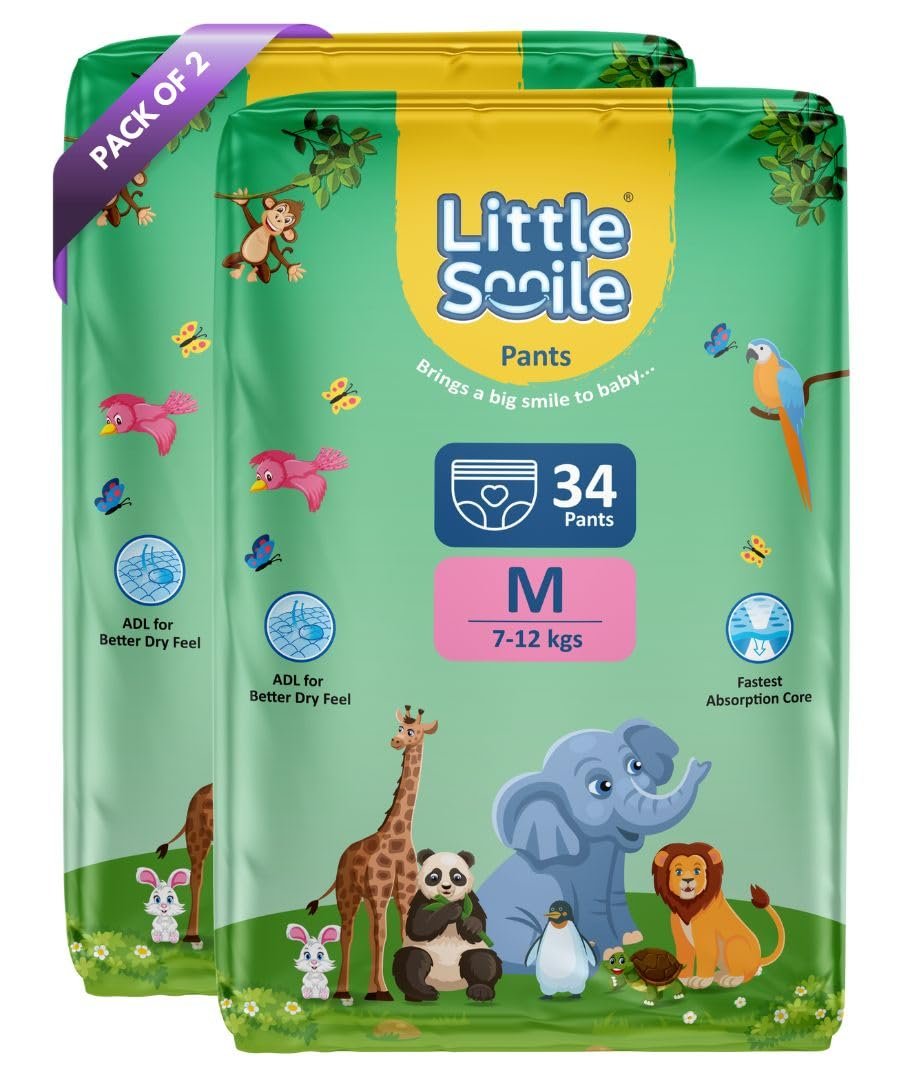 Baby Diapers Pant Style | Size - M - 34 (Pack of 2) | Odorless and Antibacterial Layer with Urine Indicator (68 Pieces)