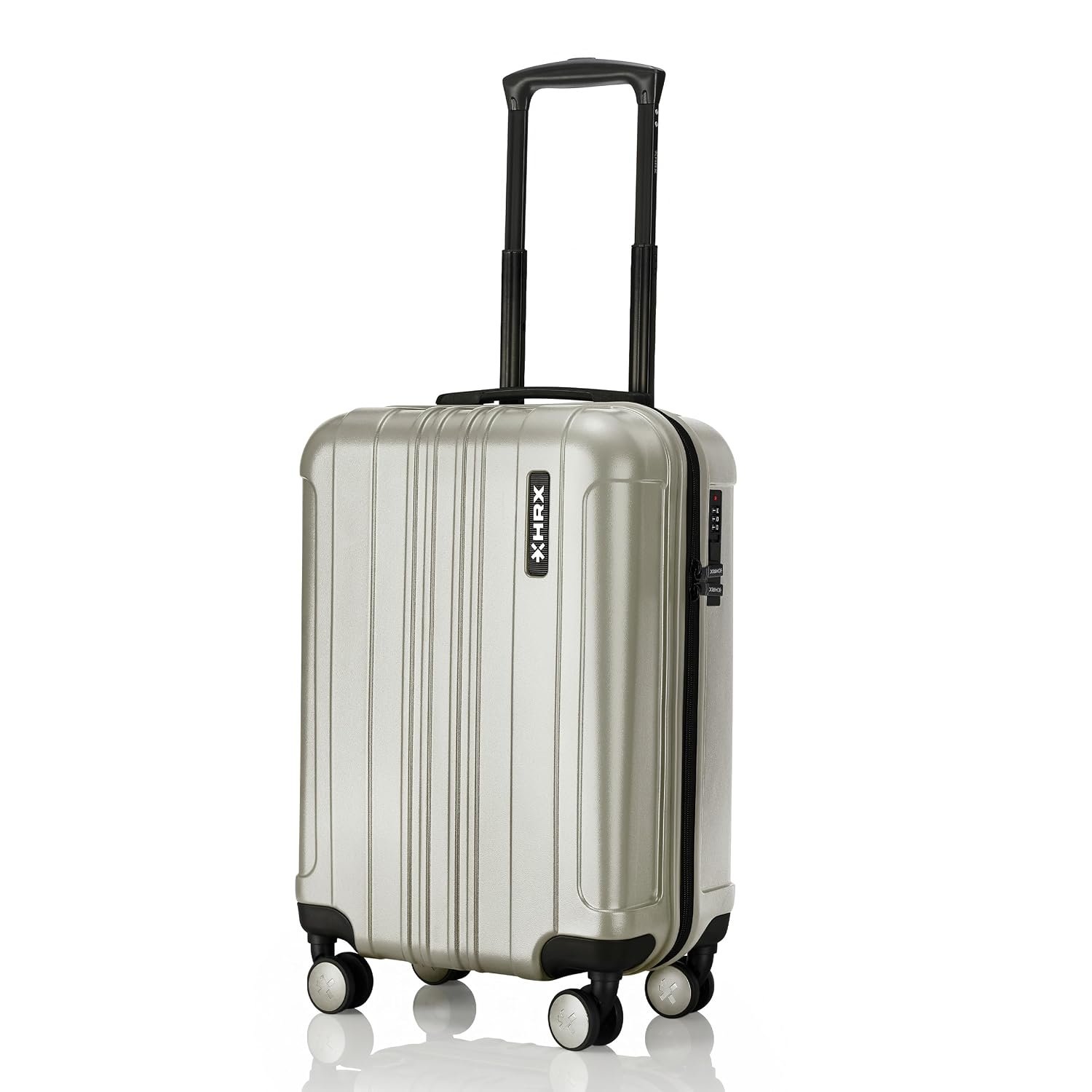 HRX Force Cabin Size Silver Polycarbonate Hard Shell Suitcase - Premium Travel Trolley Bag with 8 Spinner Wheels, Number Lock & Water Resistant Body
