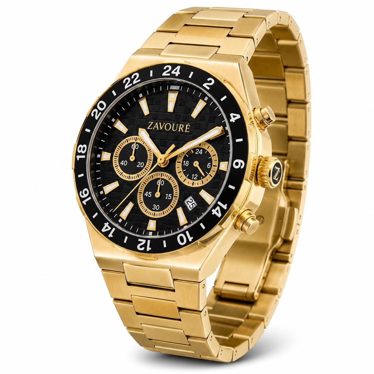 Men's Chronograph Watch, Stainless Steel Case, Analog Display, Black, Round Dial, Water Resistant 30M