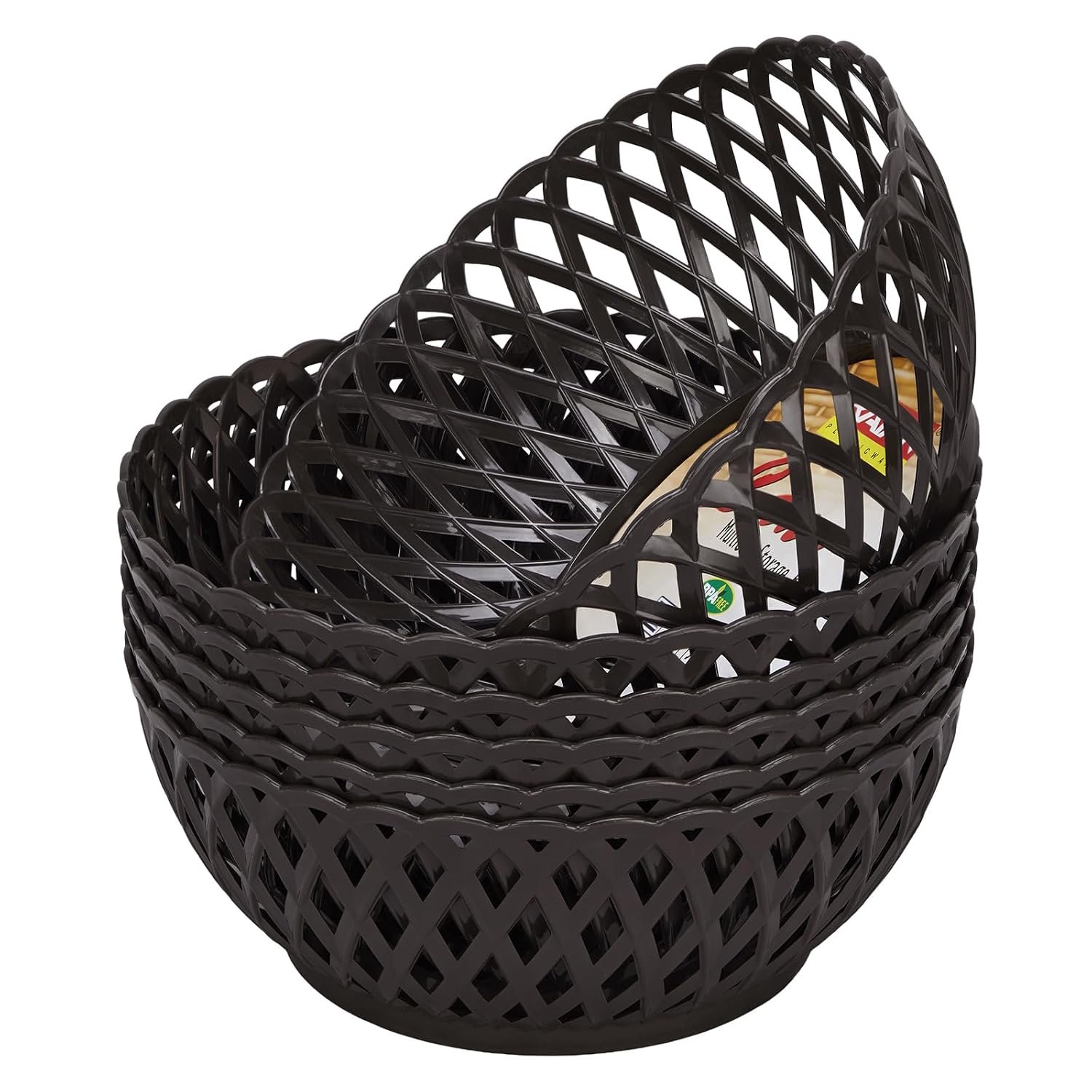 Cane Large Plastic Storage Basket for Fruits, Vegetables & Snacks – Decorative Woven Design for Kitchen, Dining Table & Home Use I Pack of 6 - Dark Brown