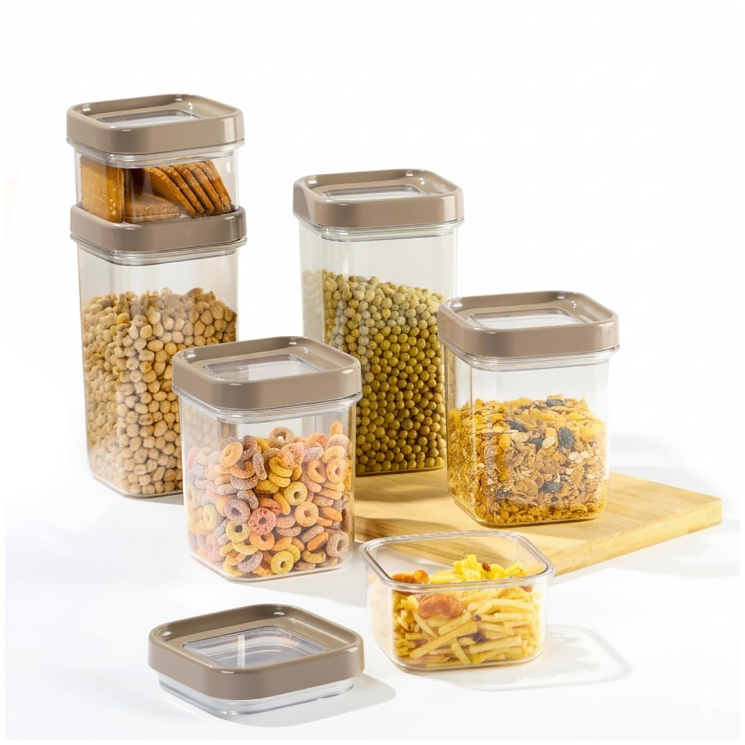CELLO Airlock Square Pet Storage Jar for Kitchen Set of 6 Pcs Walnut Brown | 2 x 450ml, 2 x 900ml, 2 x 1350ml Fridge Safe Stackable Kitchen Storage Container Jar Set for Ingredient Cookies Flour Candy