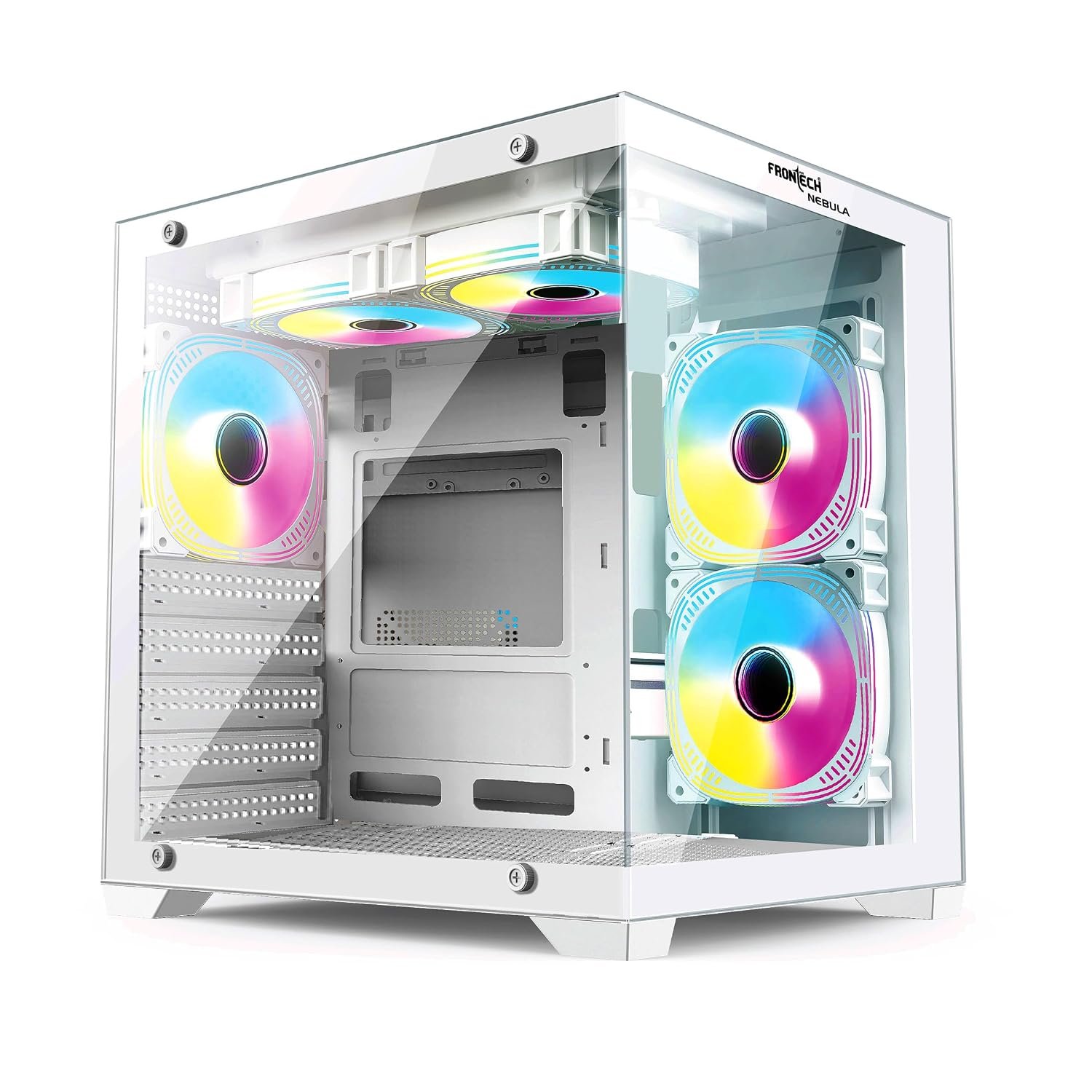 Frontech Nebula Gaming Computer Cabinet | Mid-Tower PC Case | Tempered Glass Front & Side Panel | 5 Pre-Installed RGB Fans | USB 3.0 (FT-4290, White)