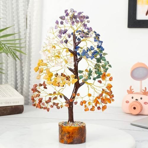 HindCraft Seven Chakra Crystal Tree for Good Luck & Positive Energy | Multicolor Golden Wire Bonsai Money Tree with Crystals & Gemstones | Perfect Home Décor & Gift Item
