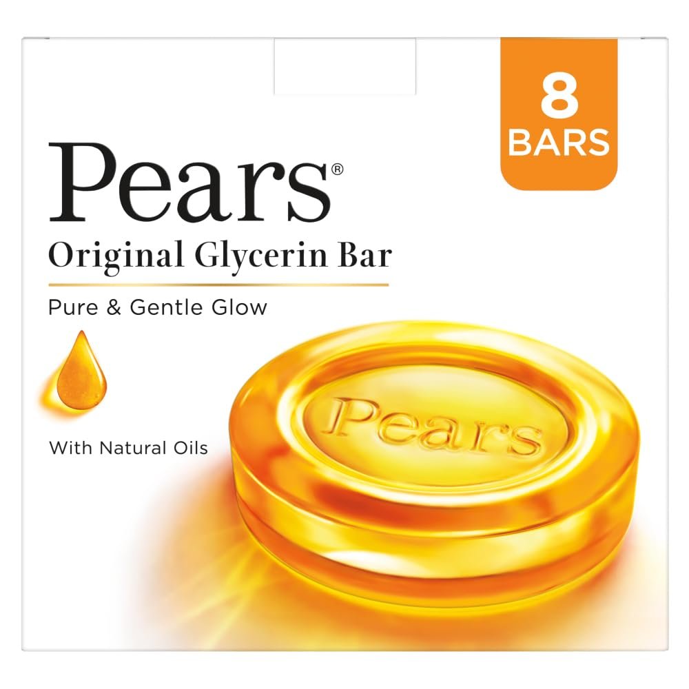 Pears Original Glycerin Soap Bar - Pure & Gentle Glow | With 98% Pure Glycerin | For Hydration & Glow | With Plant Based Cleanser for Skin & Body | Paraben-free | 125gms x 8