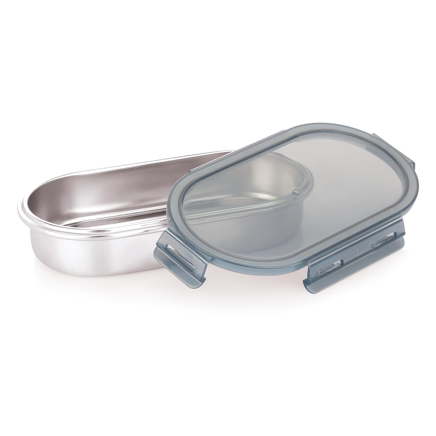 Attro Steelox Oval Stainless Steel Container with Plastic Seal Lid BPA Free Food Grade Leak-Proof Ideal for School, Office & Outdoor Lunch Pack - 540ml Grey