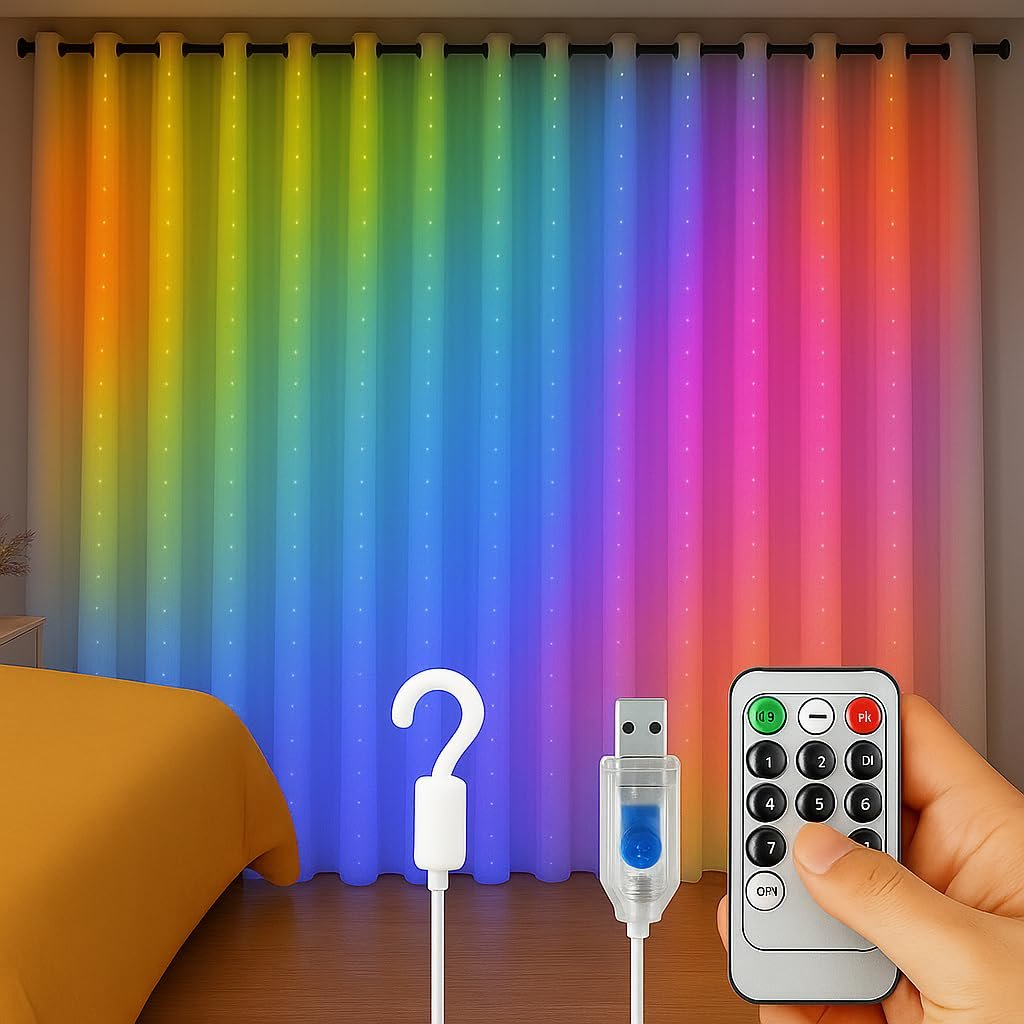 Gesto USB Curtain Fairy Lights for Decoration – 300 Led String Lights with 8 Modes Remote | Multicolor Decorative Lights for Home Decor, Room,Wall, Balcony, Christmas & Diwali Decoration- 9.8x9.8 Ft
