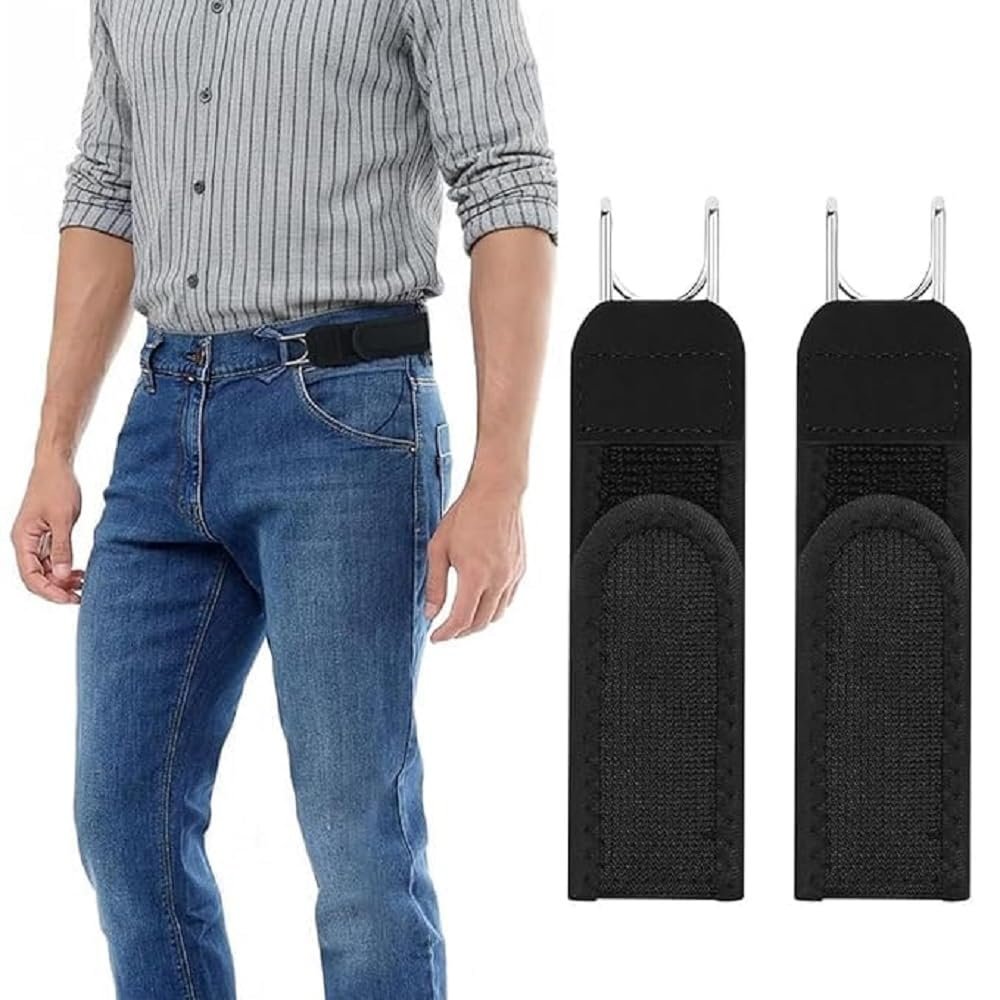 Buckle-Free Elastic Waistband Belt Set of 2, Adjustable Metal Hook Stretch Straps, Invisible Belt Alternative for Jeans, Pants and Work Trousers for Men and Women
