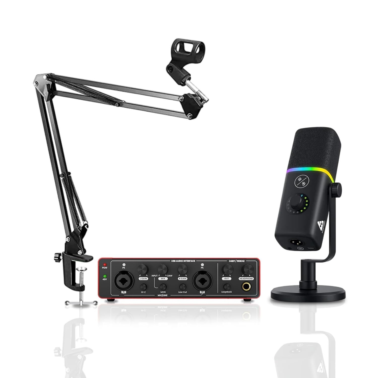 Audio Array RGB Podcast Bundle | Dynamic RGB USB/XLR Mic with 24-Bit/192kHz Audio Interface & Boom Arm | AI Noise Cancelling, Plug & Play Kit for Streaming, Podcasting, Gaming & Recording - PB-07