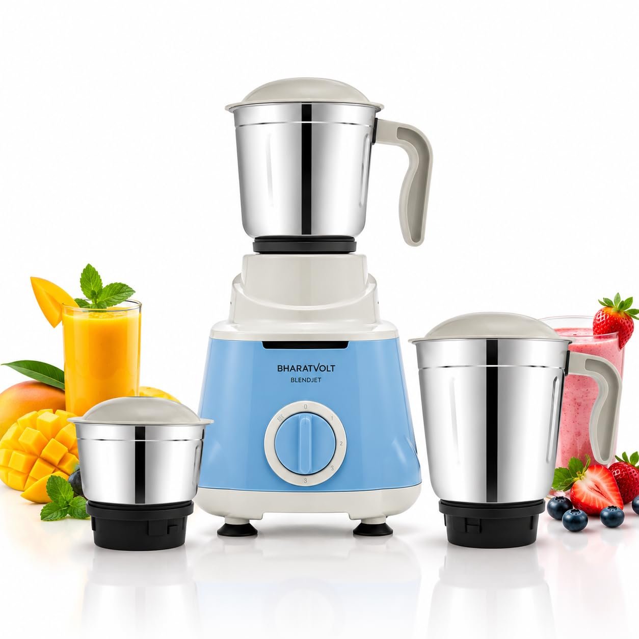 Mixer Grinder | 500W Turbo Motor | 3 Stainless Steel Jars | Overload Protection, Leak Proof Lids, 3 Speed & Pulse Function | Powerful Mixer for Home Kitchen | Blue White