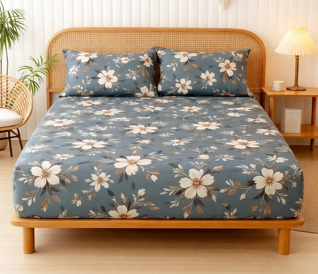 VAS COLLECTIONS 220 TC Cotton Elastic Fitted Bedsheet for Double/King Bed (72×78+10 in) with 2 Pillow Covers | Soft, Breathable, Wrinkle-Free Floral Print (Midnight Bloom Floral)
