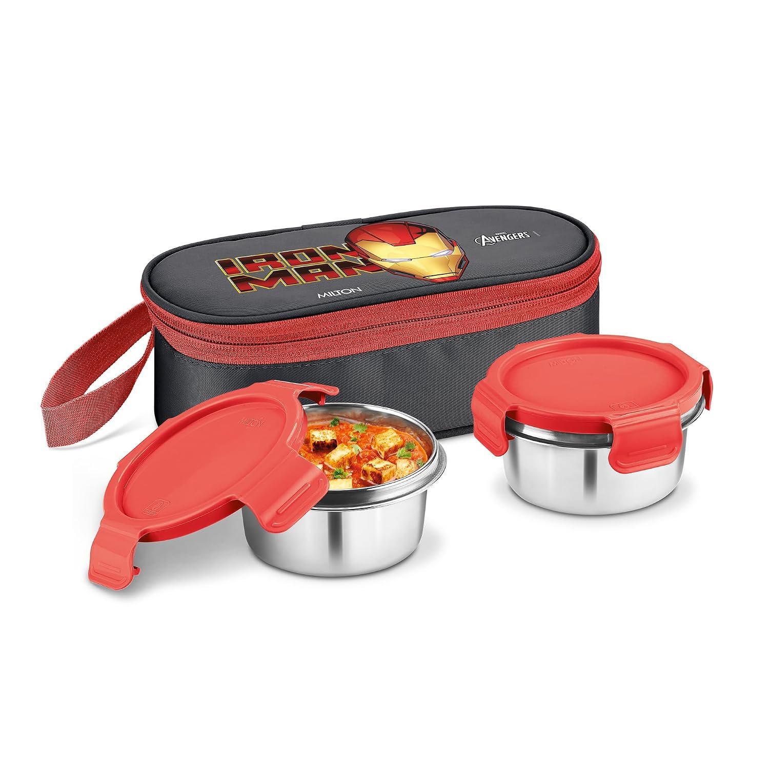 Milton Marvel Power Bite Tiffin Box for School with 2 Stainless Steel Container and Jacket | Leak-Proof, Food Grade, Odour Proof I Lunch Box for Kids Boys, Girls with Clip Lock Lid, 320 ml each, Black