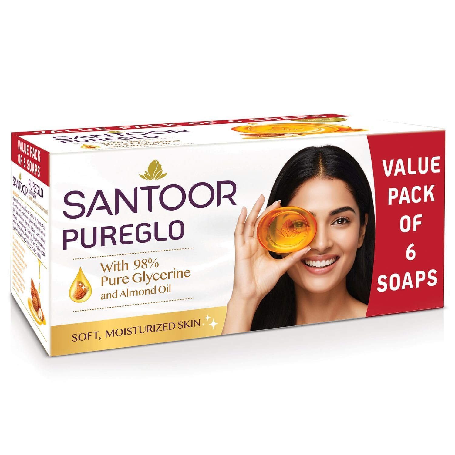 Santoor PureGlo Glycerine Soap with Almond Oil and Glycerine, 125g (Pack of 6)