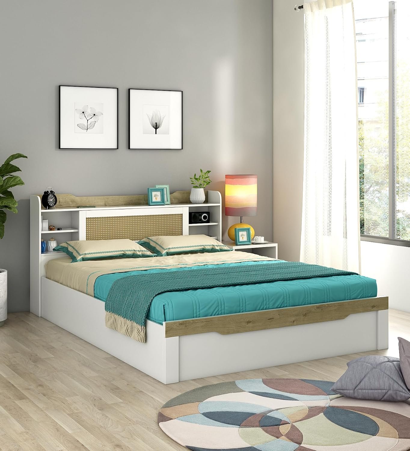 Spacewood Lilly Bed | Queen Size (78 X 60) Engineered Wood Bed with Box Storage| 3 Year Warranty | Modern Design | Kingston White