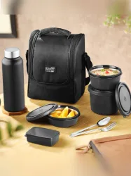 Classic Essentials Supreme Microwave Safe Set of 5 with Bottle|Bag & Cutlery 5 Containers Stainless Steel Office Lunch Box (1250 ml, Microwave Safe)
