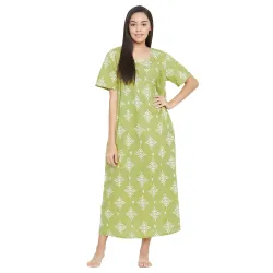Clovia Women's Cotton Printed Maternity Long Night Dress