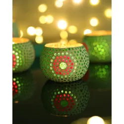 Homesake® Moroccan Green Glass Round Mosaic Candle Holder, Tea Light Holder Votive, (Set of 4, Green)