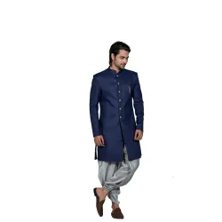 KISAH Mens Sherwani Dhoti Set Cotton Blend Solid Dyed, Indo-Western Ethnic Wear for Men, Blue